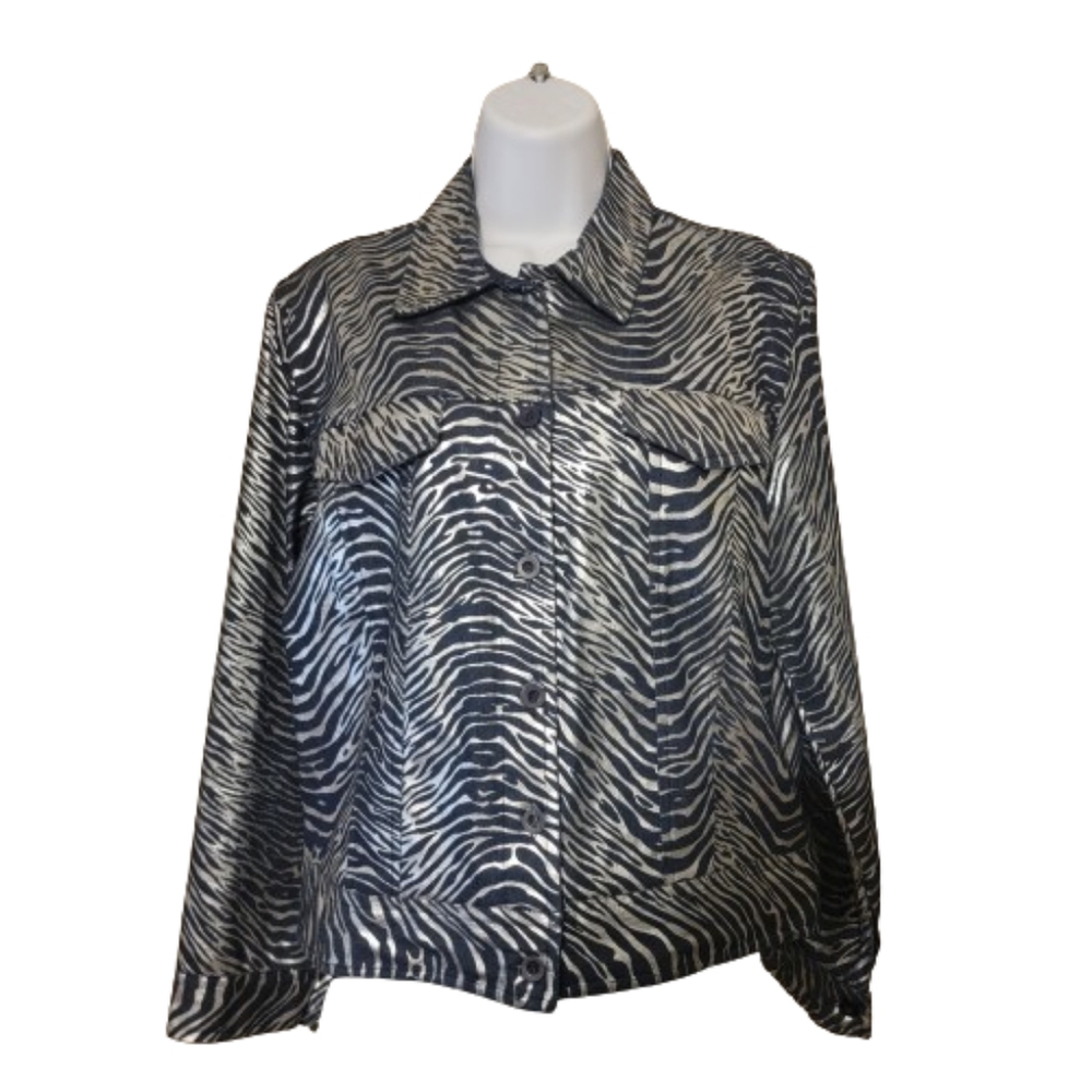 Erica Brooke Stretch Collection Jacket with Pockets Womens Sz L Blue and Silver